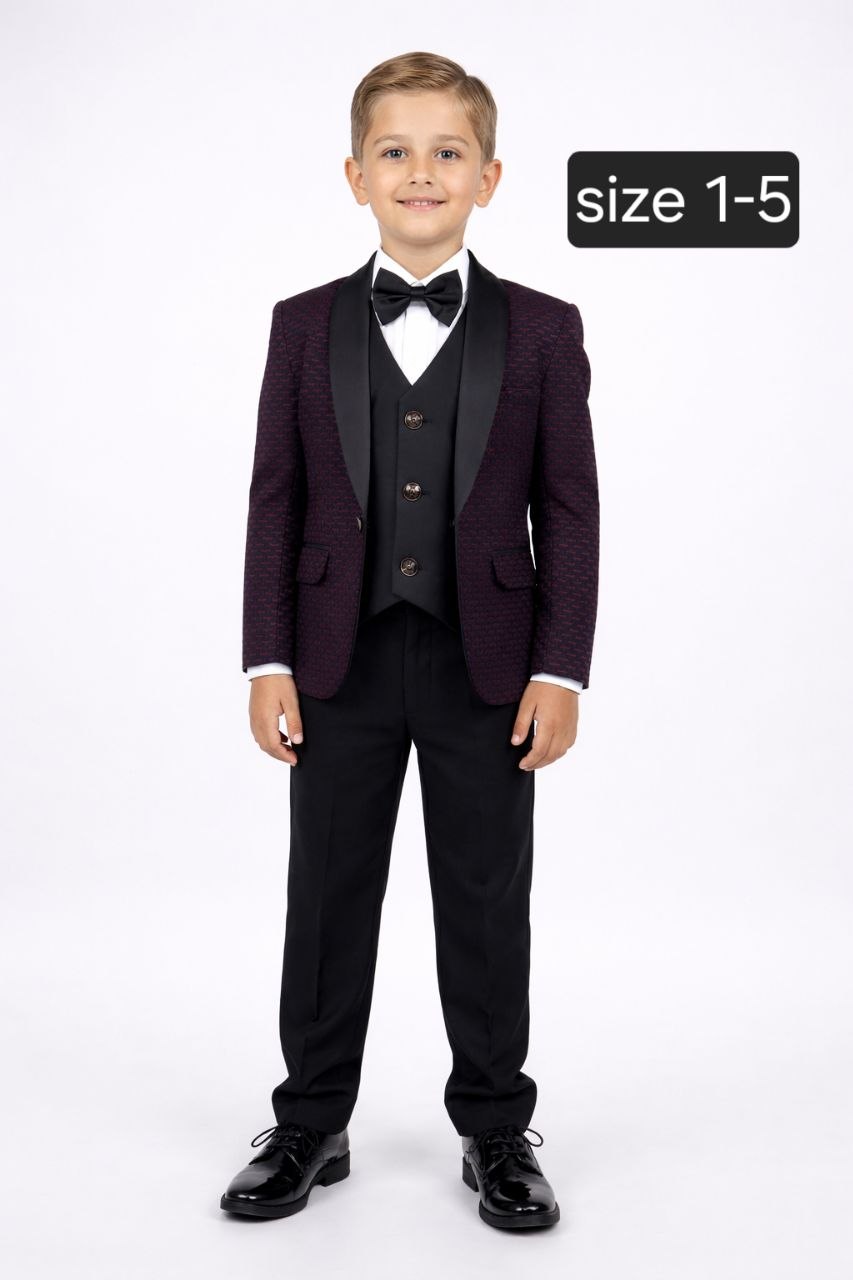 Boys Black 5-Piece Formal Suit with Burgundy Patterned Blazer