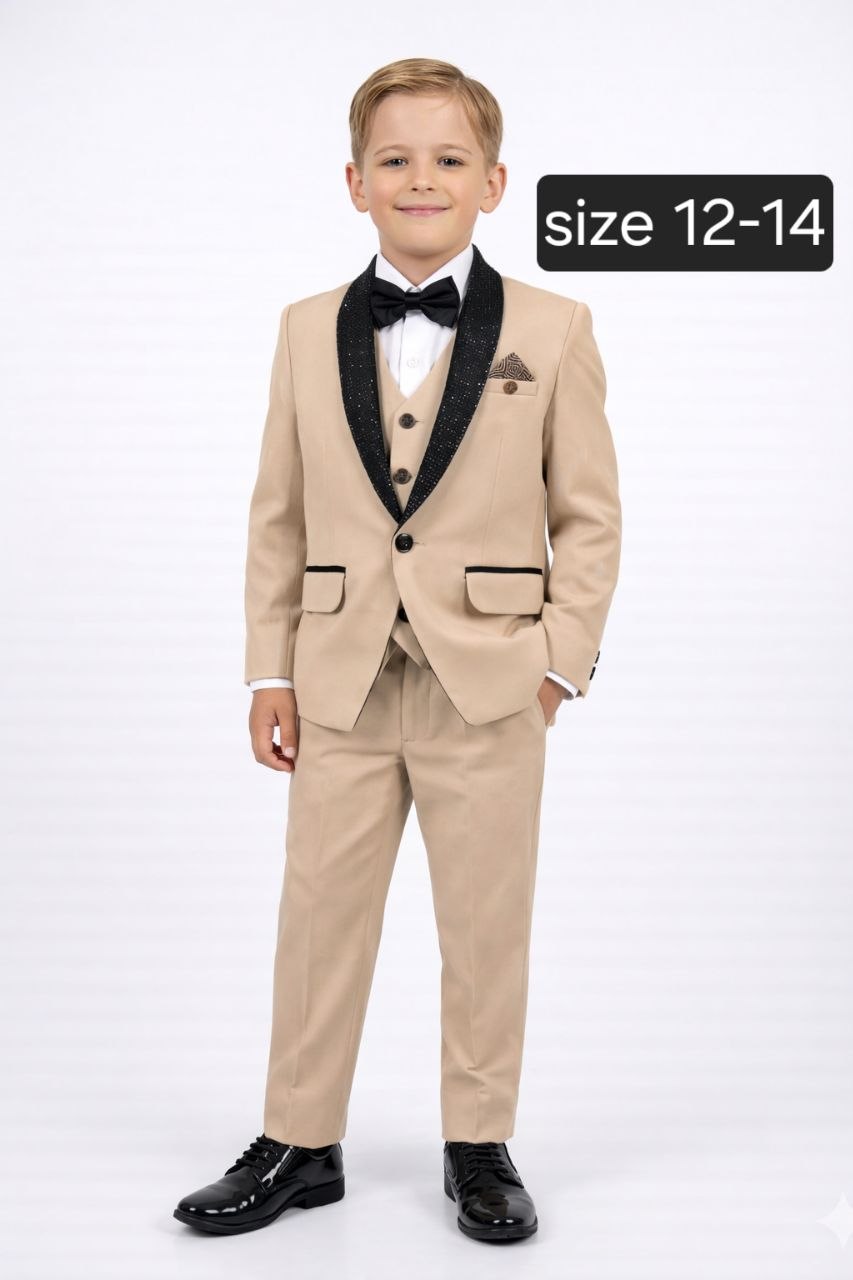 Beige Boys 5-Piece Formal Suit with Vest, Bow Tie & Pants-12 to 14