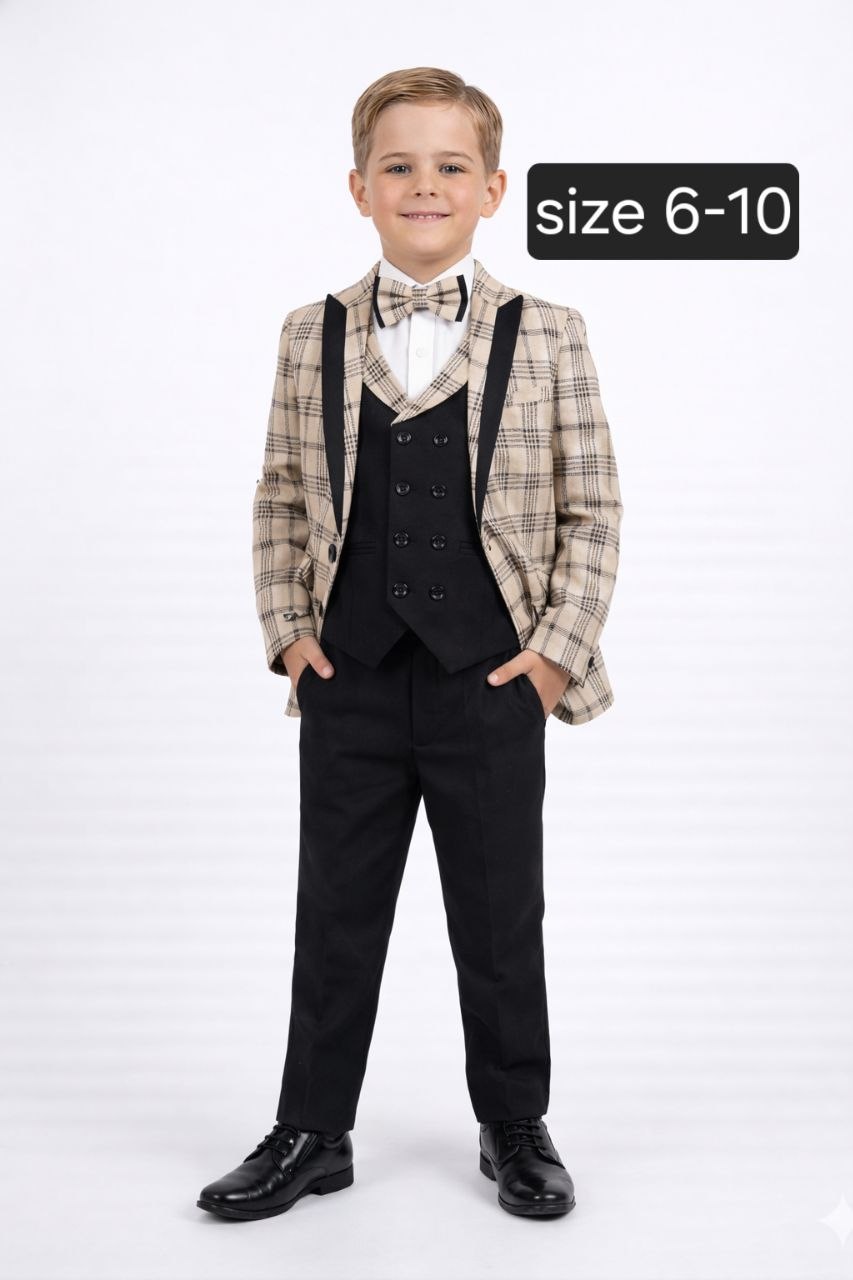 Beige Boys Checkered Blazer Suit with Black Vest and Pants-7 to 10