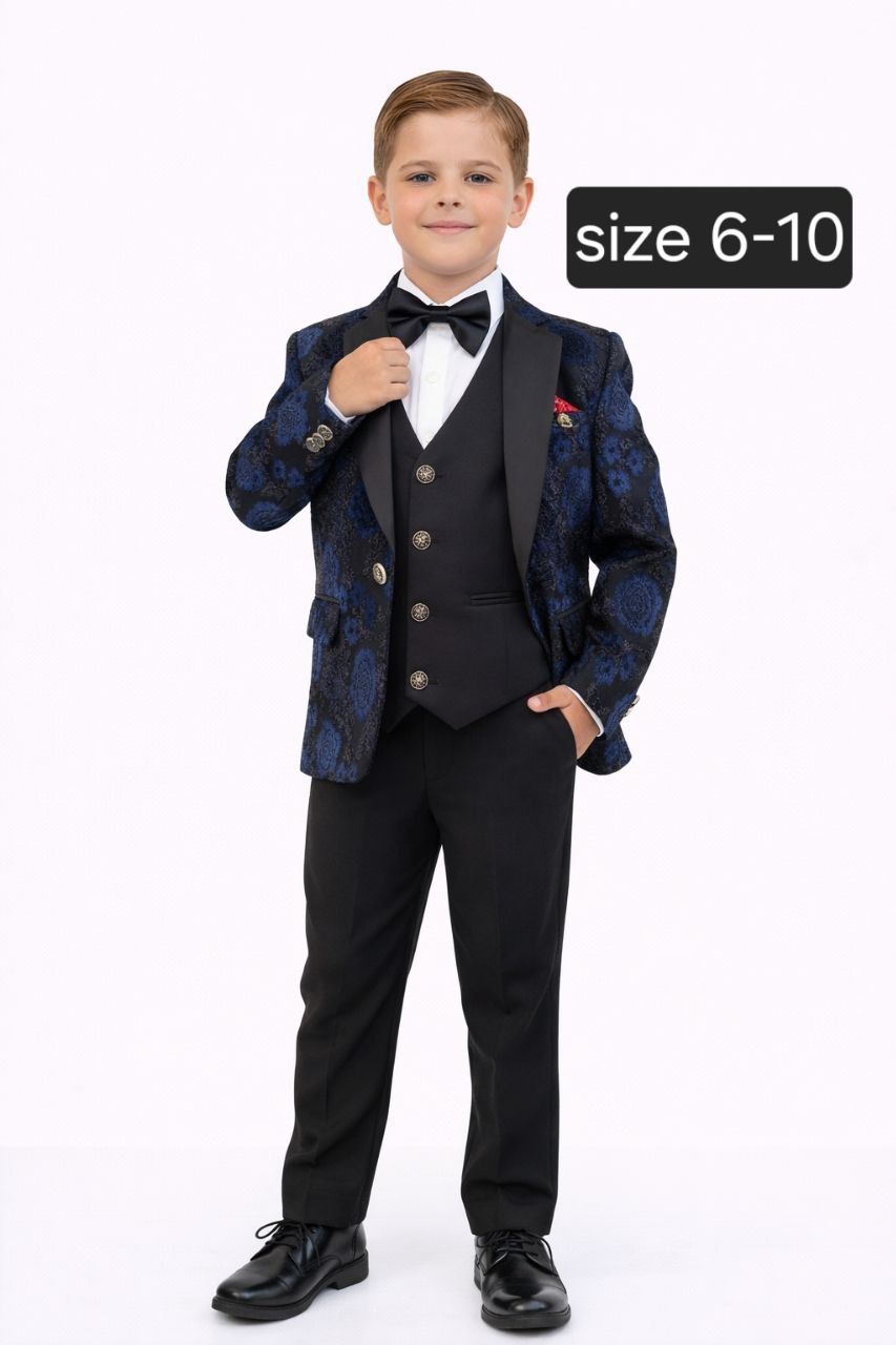 Boys Black 5-Piece Formal Suit with Navy Patterned Blazer 6 to 10