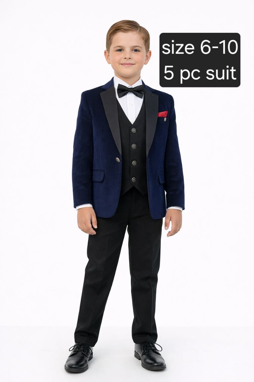 Boys 5-Piece Formal Suit with Navy Blue Jacket and Black Vest and pands-6 to 10