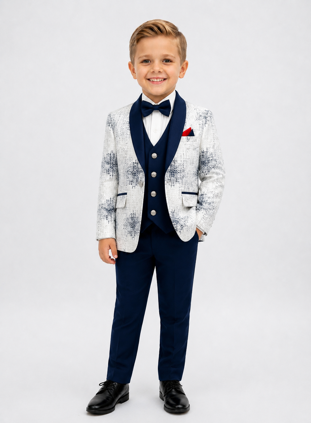 Blue 5 Piece Boys Suit with patterned white blue blazer