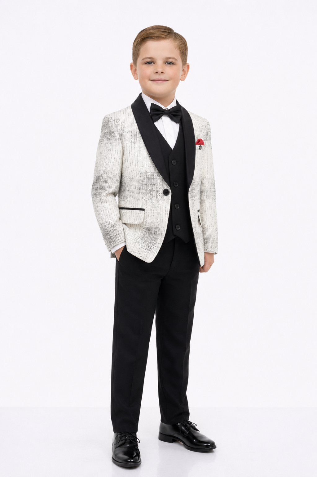 Black 5 piece boys suit with patterned white black blazer